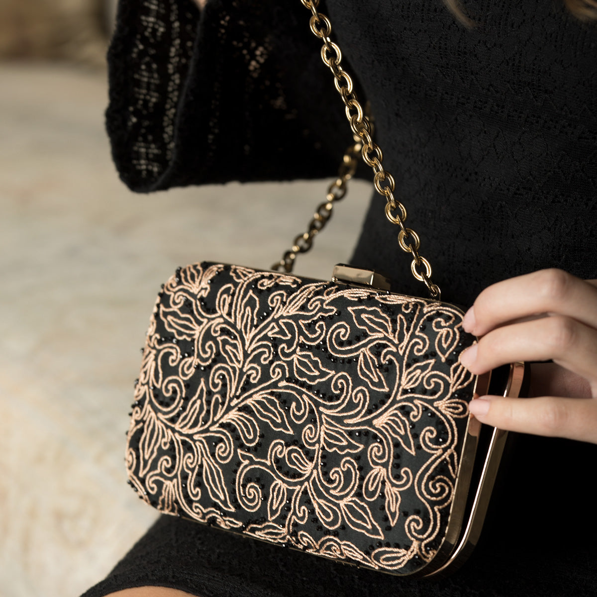 Lori Weitzner Athena Clutch, Bag with Embroidery, Beading, and hidden Chain