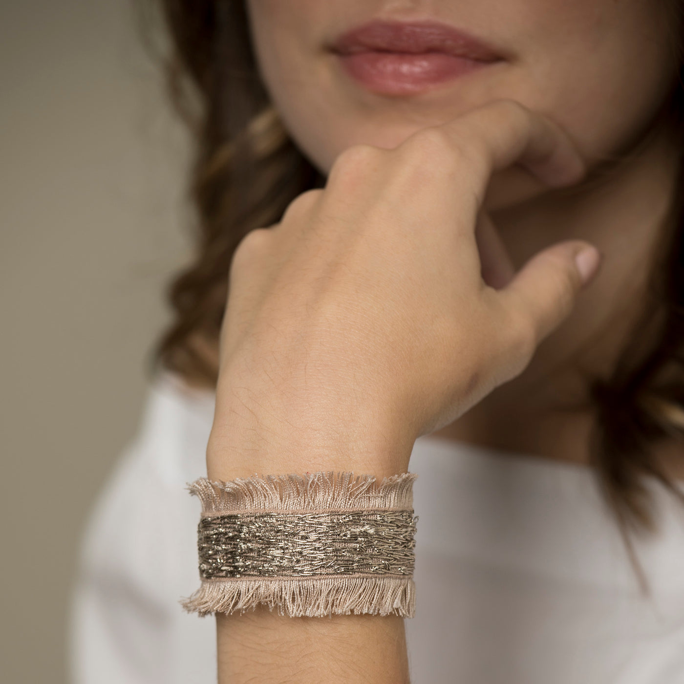 Lori Weitzner Brigantia Fringe Bracelet, Embroidery, Suede Backing, Magnetic Closure
