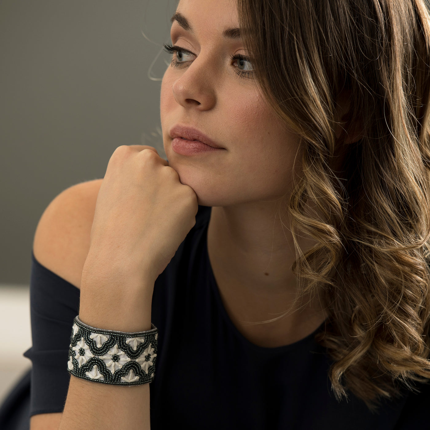 Lori Weitzner Dalia Bracelet with Beading, Embroidery, Suede Backing