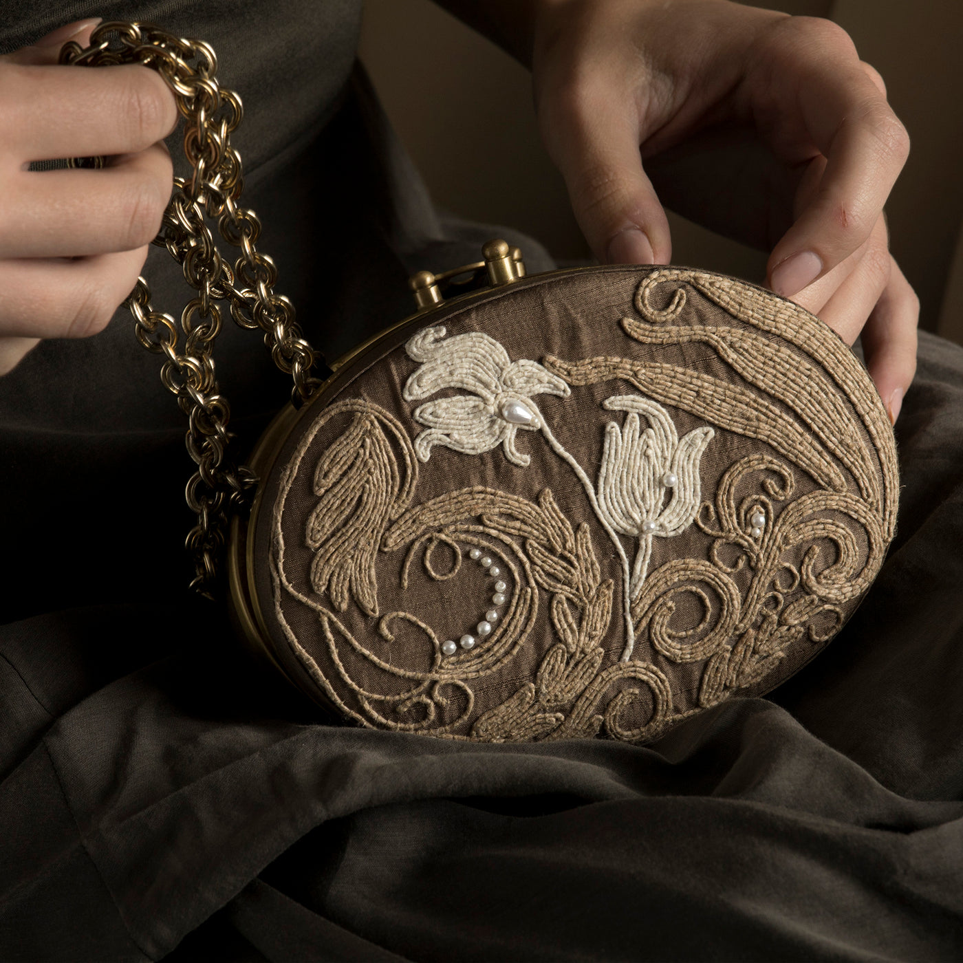 Lori Weitzner Gaia Clutch, Oval Bag with embroidery and hidden chain