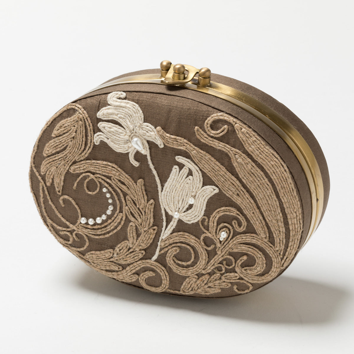 Lori Weitzner Gaia Clutch, Oval Bag with embroidery and hidden chain
