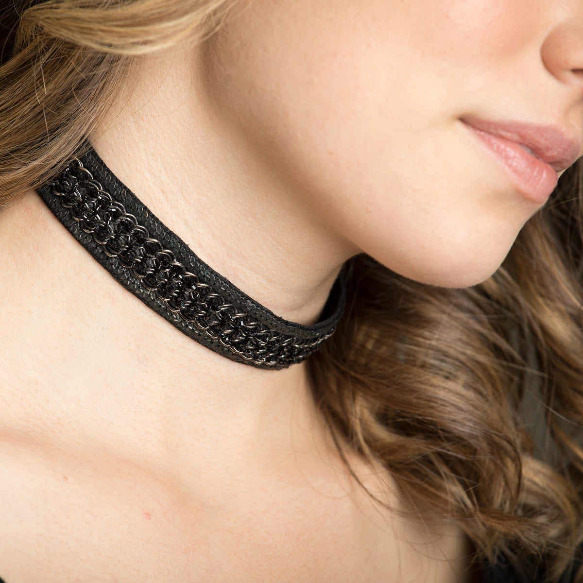 Lori Weitzner Theia necklace, choker with chain, beading and velvet ties