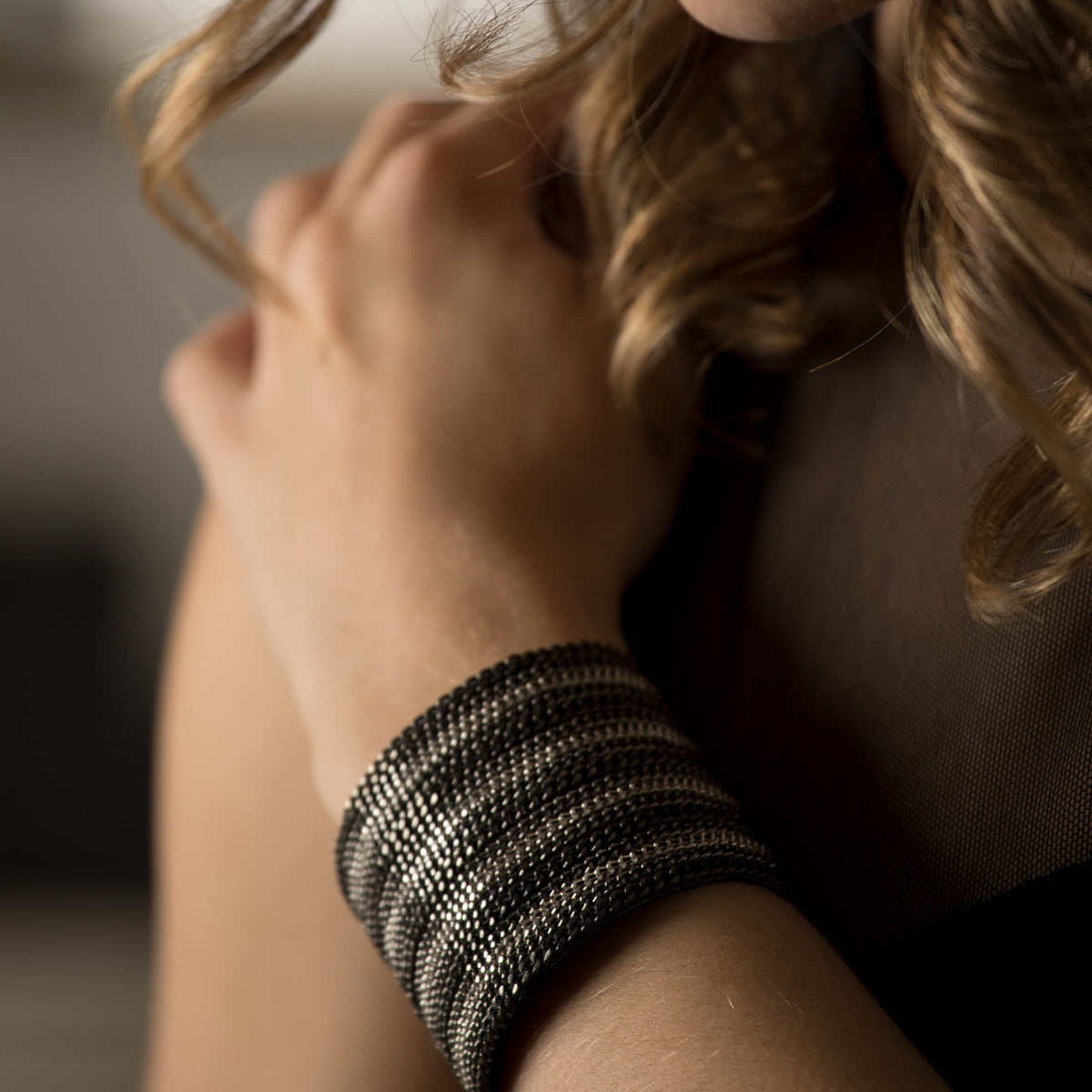 Lori Weitzner Zorya cuff bracelet with chain, suede backing and magnetic closure