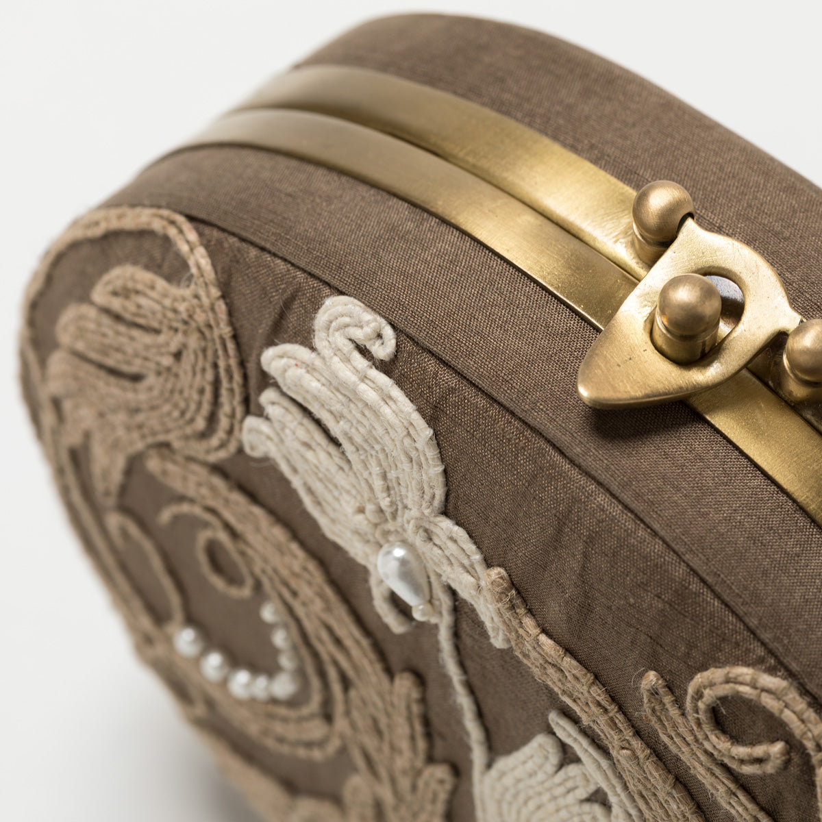 Lori Weitzner Gaia Clutch, Oval Bag with embroidery and hidden chain