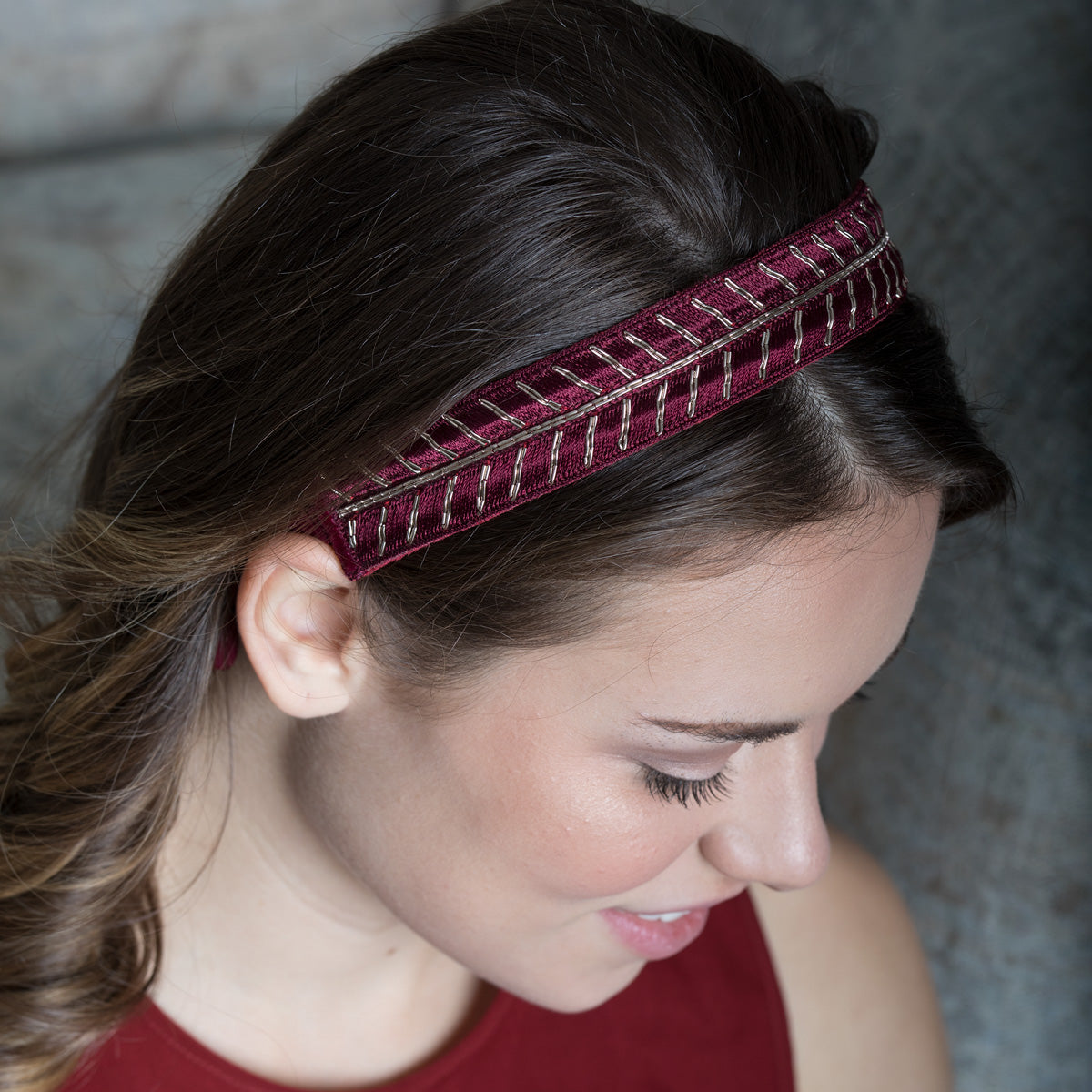Lori Weitzner Medeina embroidered headband in Ruby