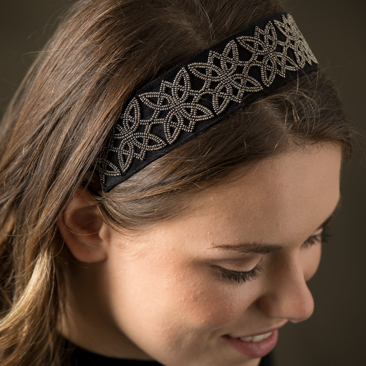 Lori Weitzner Ostara embroidered headband in charcoal